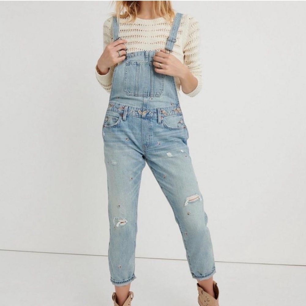Lucky Brand Embroidered Floral Denim Boyfriend Overalls